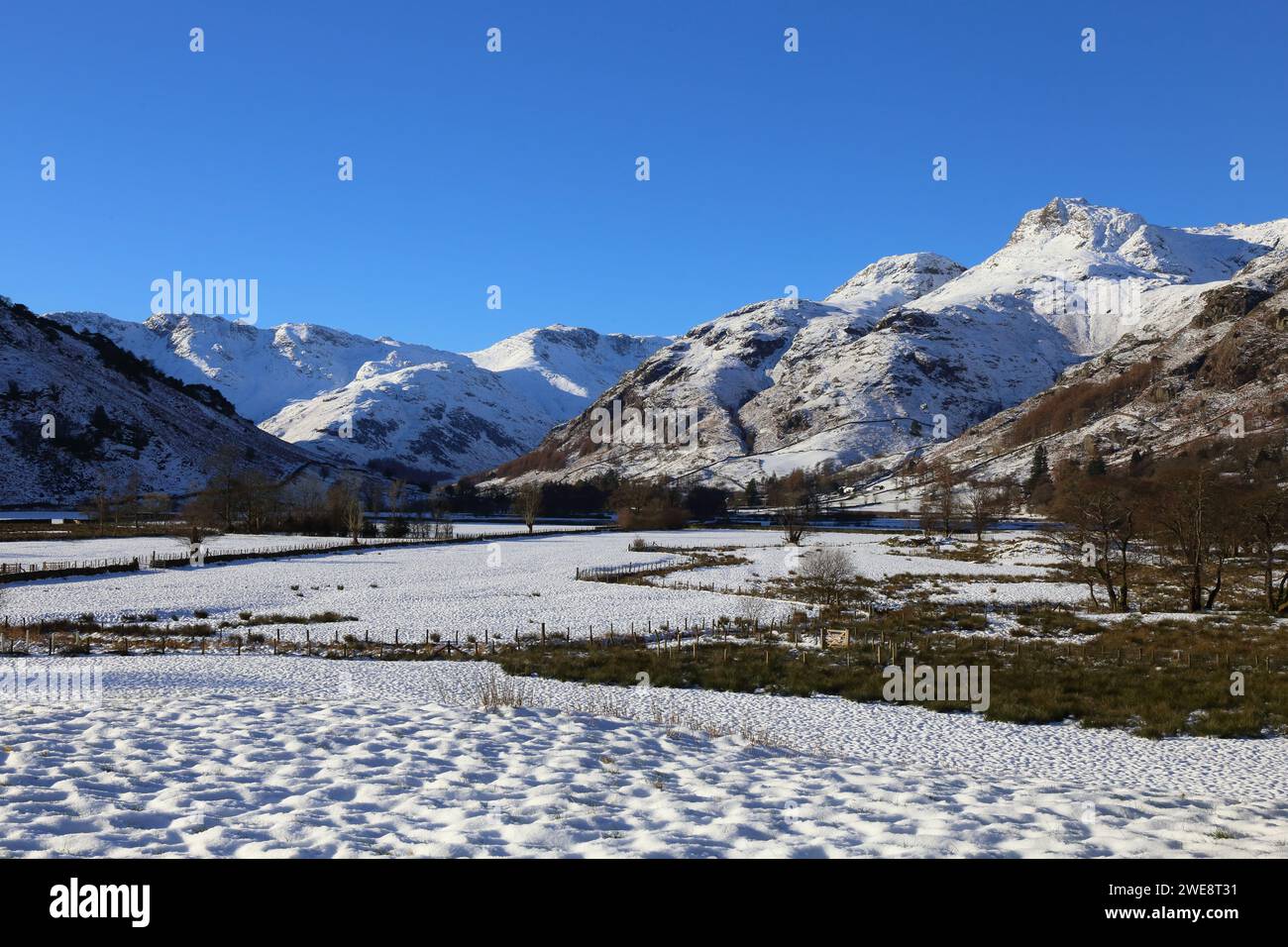Langdale Valley, Pristine Winter View. Beautiful blue cloudless sky and fresh snow covering the valley floor and mountains. Stock Photo