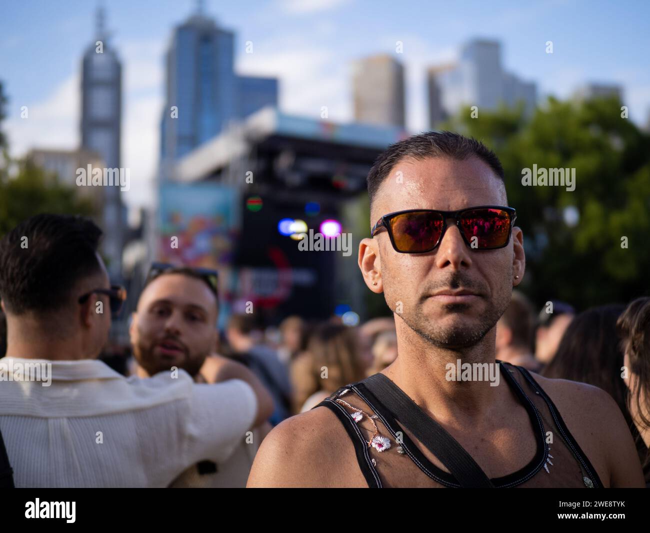 Melbourne Australia 21st Jan 2024 An Attendee Of Midsumma Carnival   Melbourne Australia 21st Jan 2024 An Attendee Of Midsumma Carnival Dons A Mesh Top In Front Of The Main Stage Midsumma Melbourne Australias Lgbtqia Cultural Festival Kicked Off Its 2024 Program With A Carnival Held In Alexandra Gardens Despite Spotty Showers And Unpredictable Temperatures The Event Was Attended By Approximately 120000 People Credit Image Alex Zuccosopa Images Via Zuma Press Wire Editorial Usage Only! Not For Commercial Usage! 2WE8TYK 