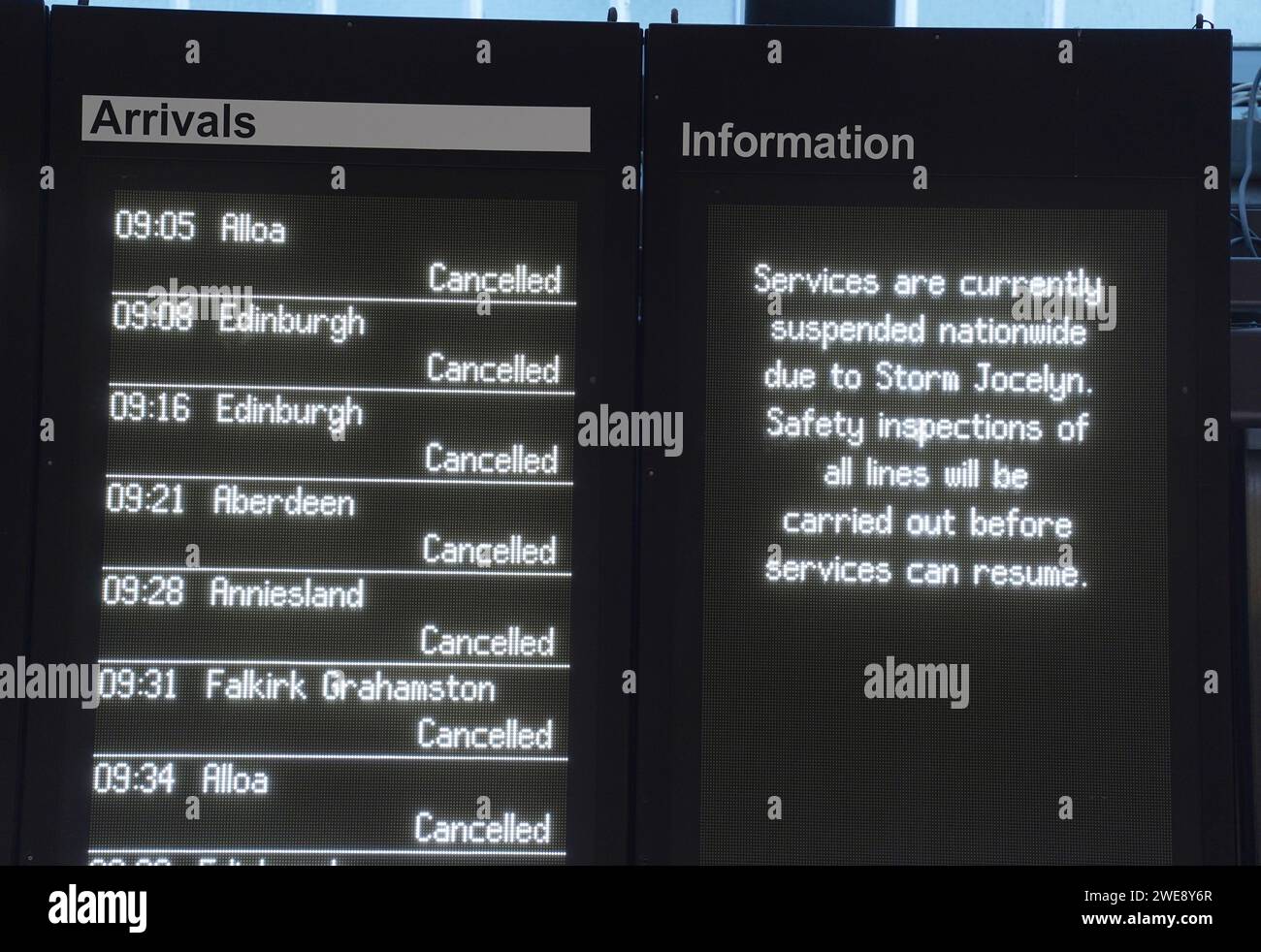 An information board at Glasgow Queen Street as all trains are ...
