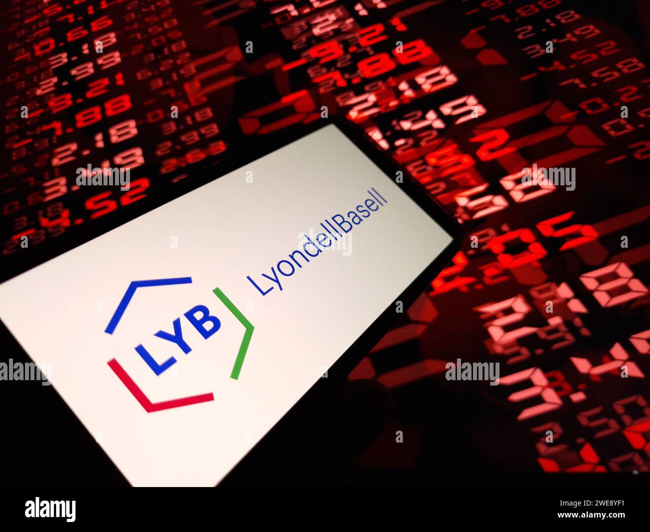 Konskie, Poland January 23, 2024 LyondellBasell company logo displayed on mobile phone screen