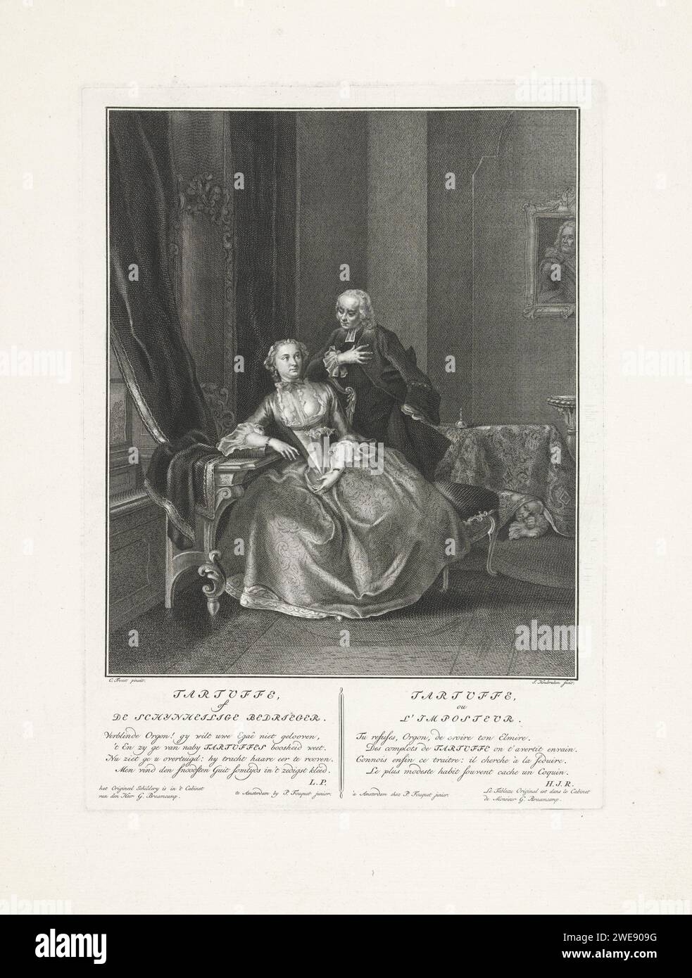 Tartuffe or the hypocritical cheaper, Jacob Houbraken, after Cornelis Troost, 1760 - 1780 print Interior with a lady, Elmire and a Lord, Tartuffe. In the background there is a second man under a table, orgon. Scene from the play Tartuffe van Molière from 1664: the lady, Elmire, dressed in a dress with deep cleavage sits on a chair, her right arm leaning on a thick book on a table. Behind her is the character Tartuffe, who tries to seduce her. In the background you can see how under a table her husband orgon touches the two. Through this list, Elmire convinces her husband that his blind trust i Stock Photo