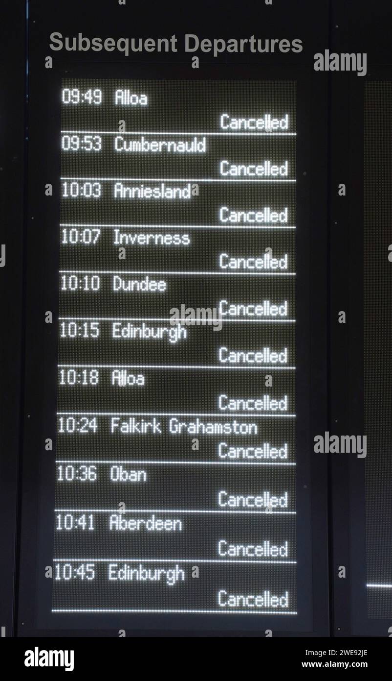 An information board at Glasgow Queen Street as all trains are ...
