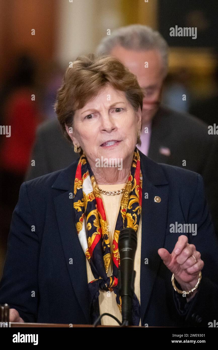 United States Senator Jeanne Shaheen (Democrat of New Hampshire) offers remarks during a press conference following the Senate Democrat policy luncheon in the Ohio Clock corridor at the United States Capitol in Washington, DC, Tuesday, January 23, 2024. Credit: Rod Lamkey / CNP/Sipa USA Stock Photo