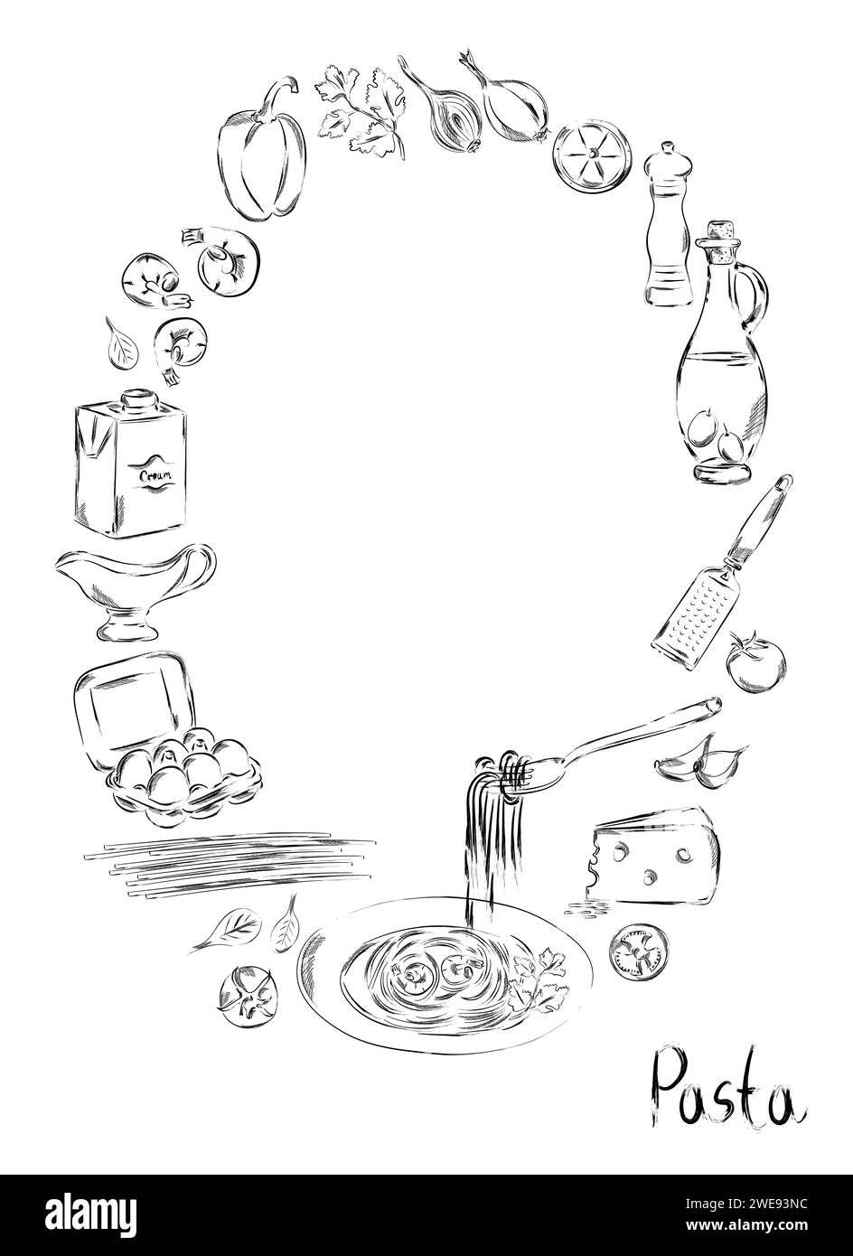 Graphic hand drawn Pasta food poster illustration. Print with