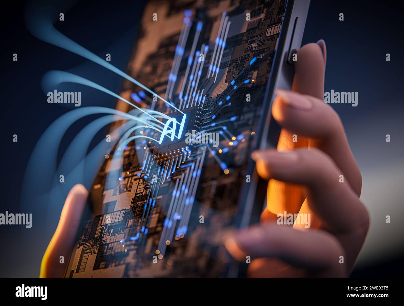 Concept of smartphones with implemented AI technology. Animation showcasing a smartphone held in a female hand, with an animated AI CPU appearing on t Stock Photo