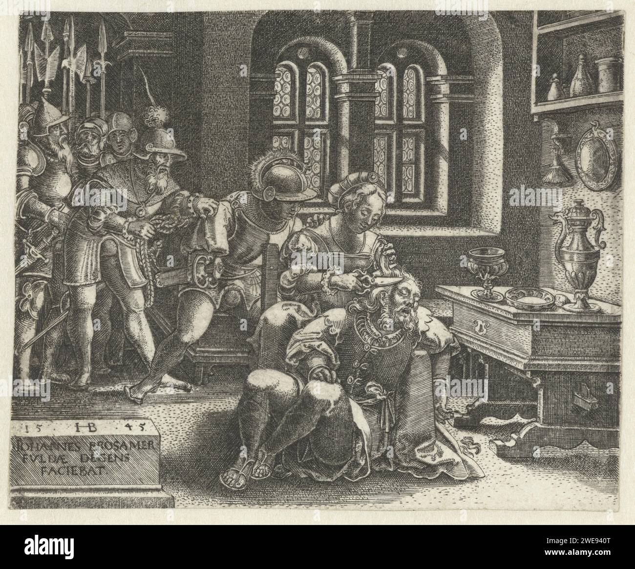 Delila cuts the hair of sleeping Simson (Samson) while Philistines wait, Hans Brosamer, 1545 print  Fulda paper engraving Samson asleep in Delilah's lap; she is usually shown beckoning to a Philistine or putting a finger to her lips Stock Photo