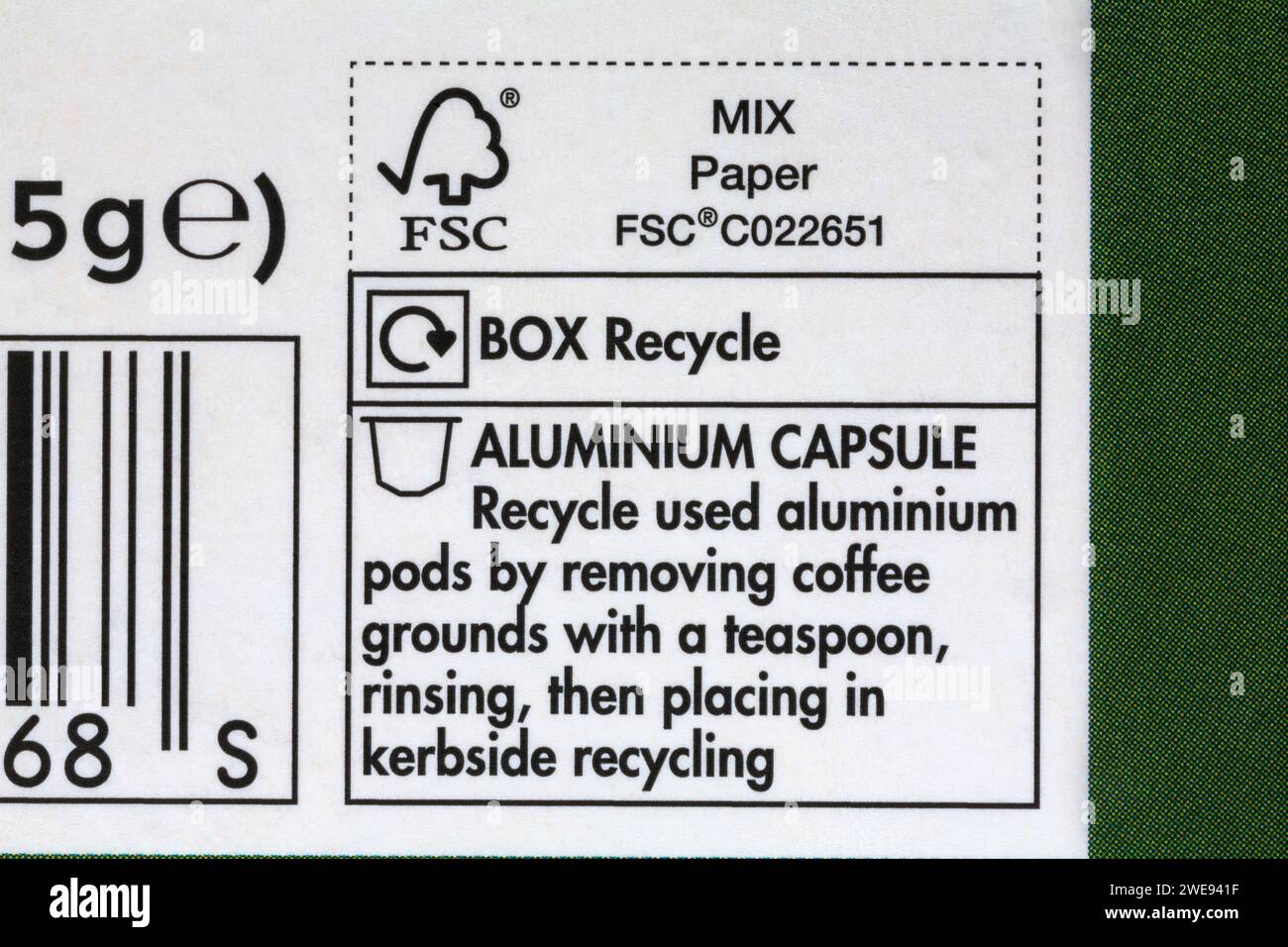 Recycling disposal instructions on box of Italian Style Espresso coffee
