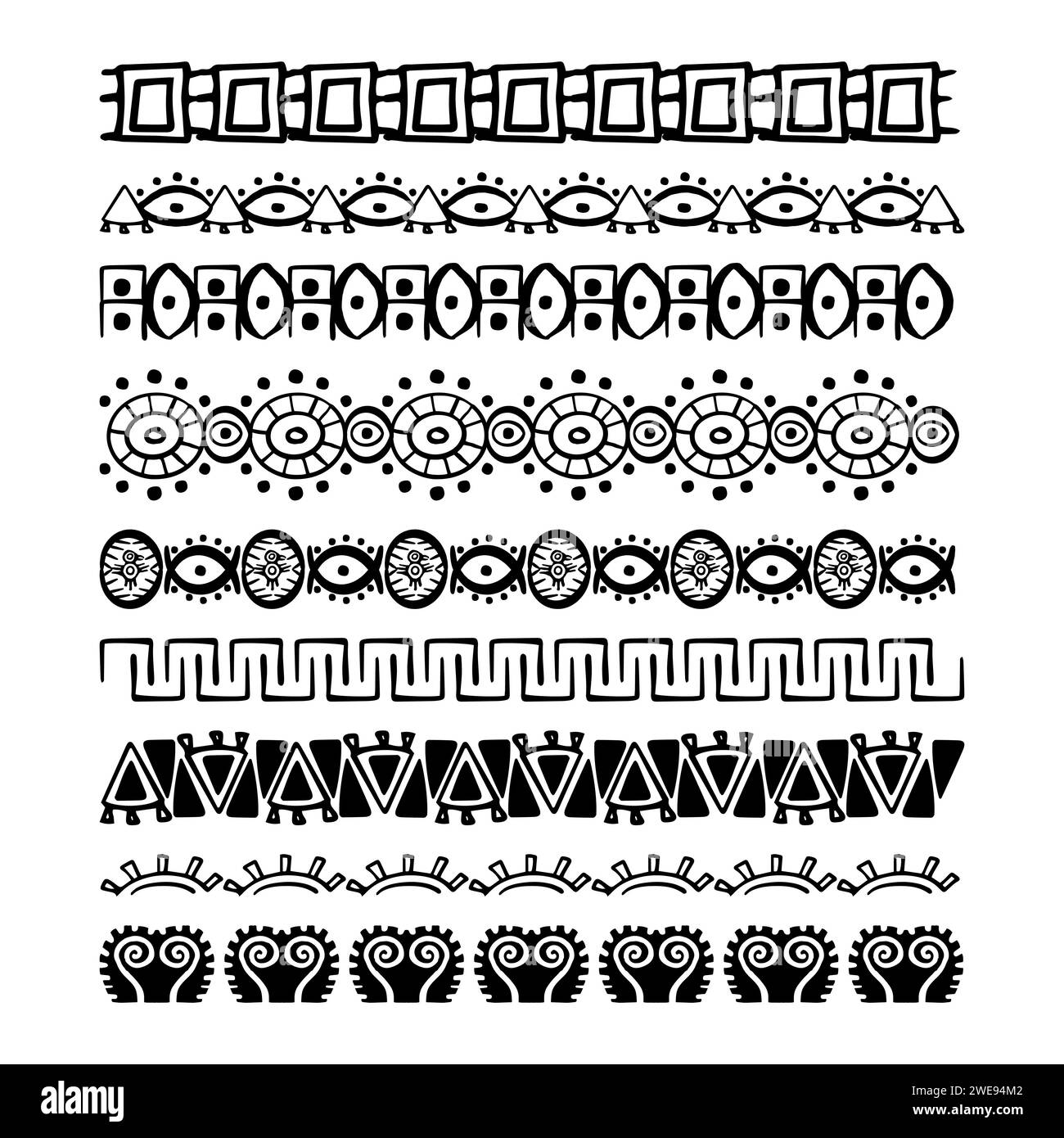 Set aztec tribal motive border in doodle hand drawn style from geometrical shapes isolated on white background. boho scandinavian srtoke, traditional native decor. Vector illustration Stock Vector