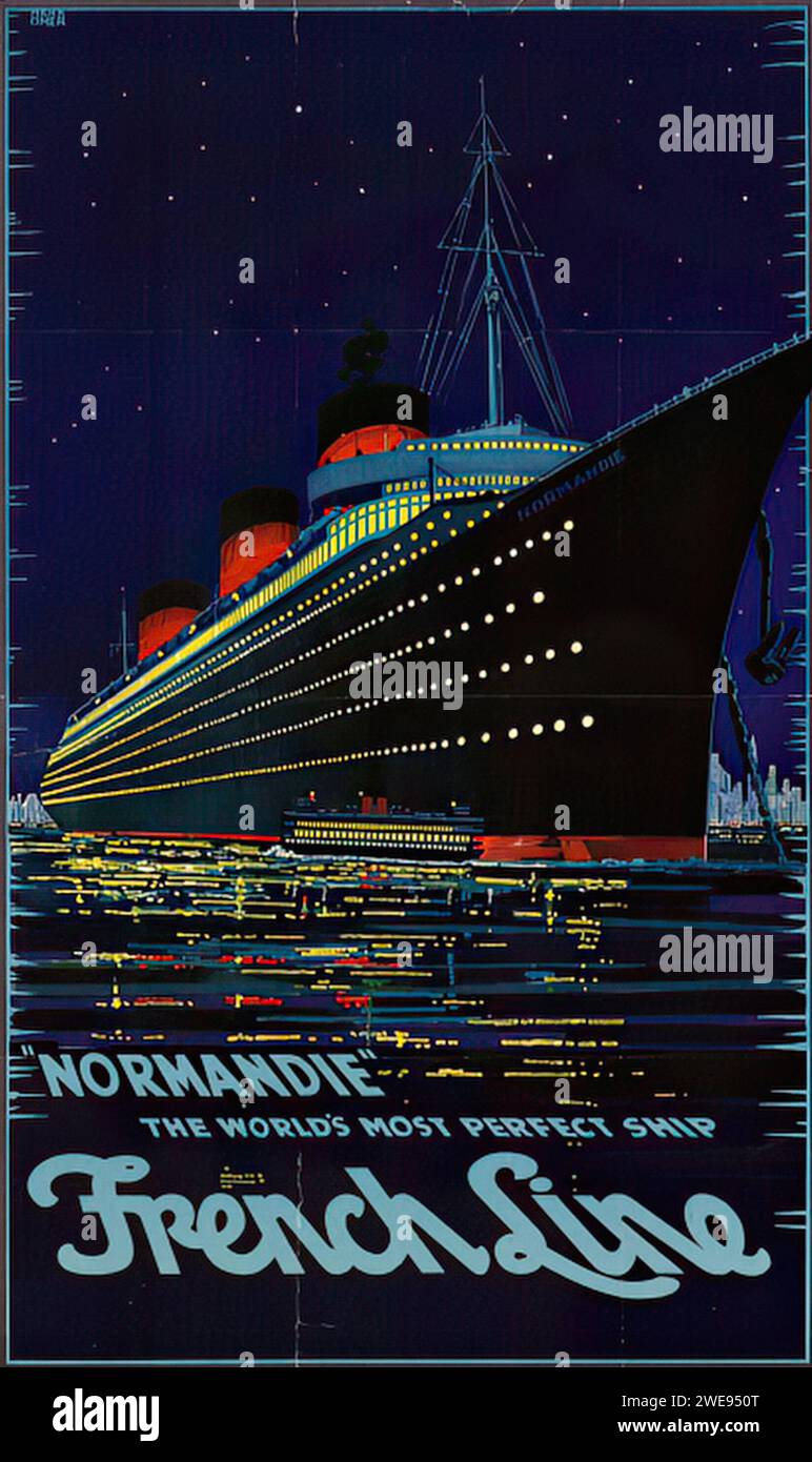 'NORMANDIE FRENCH LINE' Vintage French Advertising depicting the SS Normandie ocean liner with the tagline 'THE WORLD'S MOST PERFECT SHIP.' The poster features a night scene with the illuminated ship, rendered in a style that combines Art Deco elements and a sense of dynamism and luxury. Stock Photo