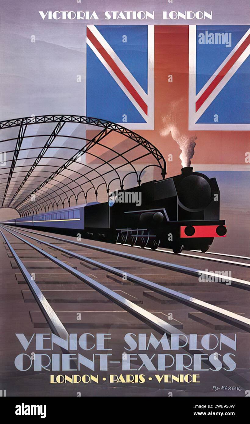 'Victoria Station London. Venice Simplon Orient-Express. London - Paris - Venice' Vintage French Advertising poster depicting a black steam locomotive at Victoria Station with the Union Jack in the background. The image has a classic art deco style with strong geometric shapes and a limited color palette. Stock Photo