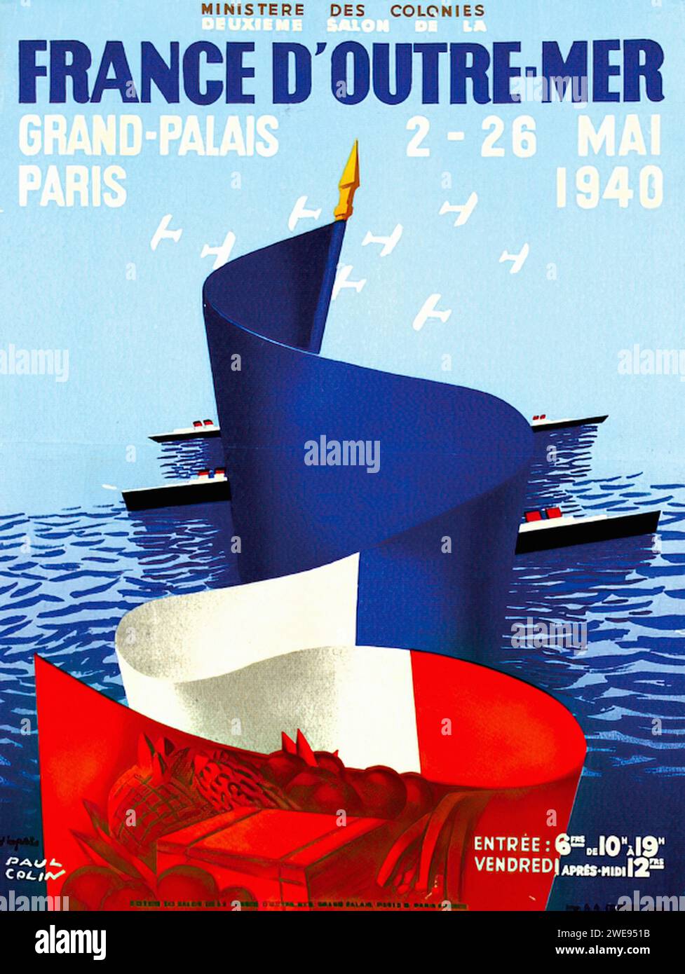 'FRANCE D'OUTRE-MER 2 - 26 MAI 1940 PARIS GRAND-PALAIS' 'OVERSEAS FRANCE MAY 2 - 26, 1940 PARIS GRAND PALAIS' Vintage French Advertising showcasing a modernist design with abstract shapes forming ships and the French flag, set against a blue ocean background. The poster reflects the geometric abstraction style popular in the mid-20th century. Stock Photo