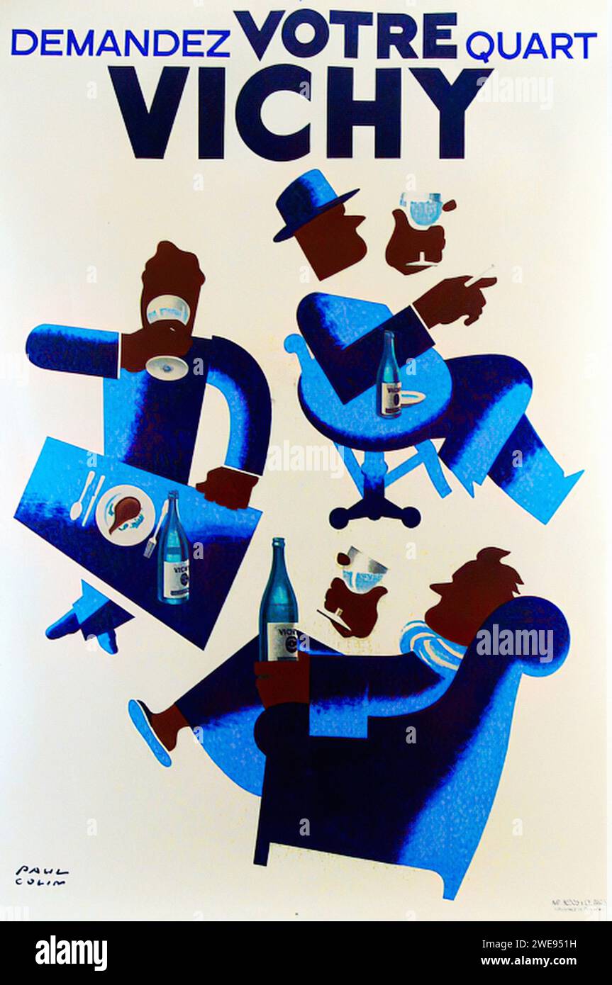 ['DEMANDEZ VOTRE QUART VICHY'] ['ASK FOR YOUR QUARTER VICHY'] Vintage French Advertising; The image displays an abstract representation of people seated around a table with bottles and glasses, all in various shades of blue. The style is characterized by abstracted forms and a strong use of lines, with a cubist influence. Stock Photo