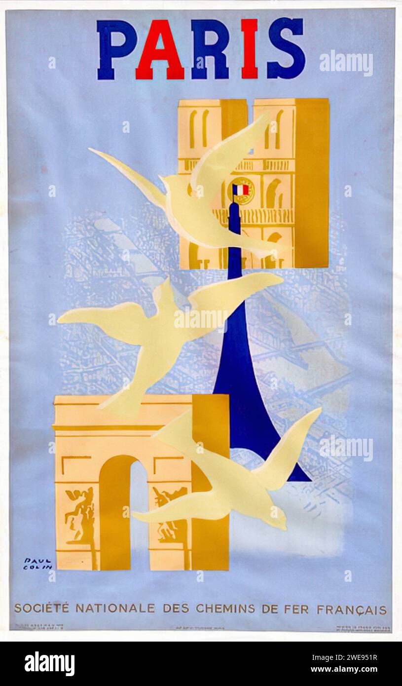 ['PARIS SOCIETE NATIONALE DES CHEMINS DE FER FRANCAIS'] ['PARIS NATIONAL SOCIETY OF FRENCH RAILWAYS'] Vintage French Advertising; A travel poster with the Arc de Triomphe and Notre-Dame de Paris depicted within bold letterforms against a sky blue background with flying seagulls. The design features a strong use of geometric shapes and a limited color palette of blue, yellow, and white, reflecting the Art Deco style. Stock Photo