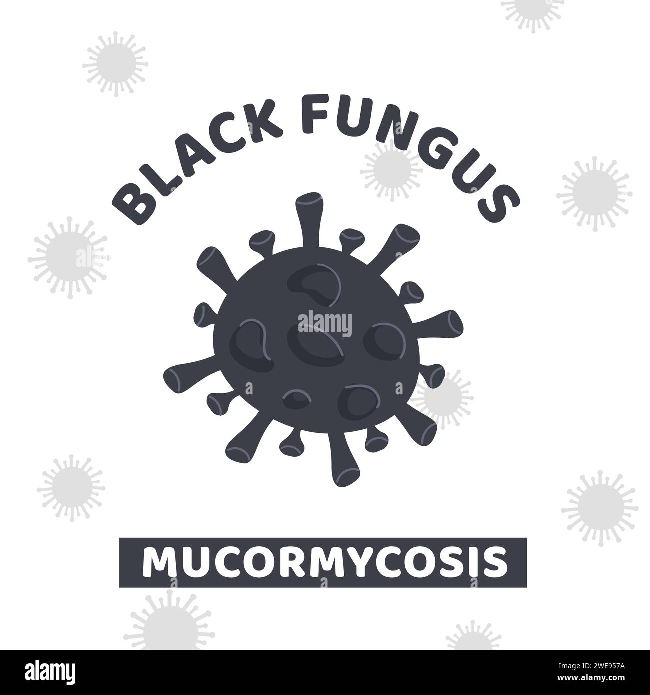 Black Fungus Outbreak in India. Mucormycosis disease. Square banner with Black Mold Bacteria on white background. Toxic mould stain in microscope Stock Vector