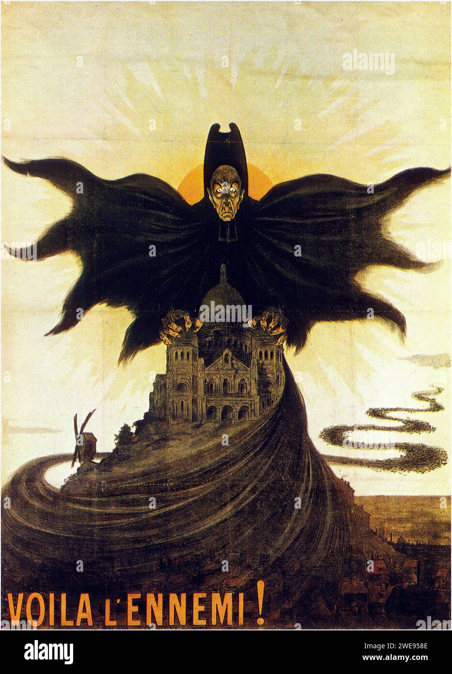 'VOILA L'ENNEMI!' ['HERE IS THE ENEMY!'] Vintage French Advertising portraying a menacing figure of a priest with a bat-like silhouette over Sacré-Coeur de Montmartre. The poster is in a propagandistic style with dark, foreboding imagery designed to evoke fear and patriotism. Stock Photo