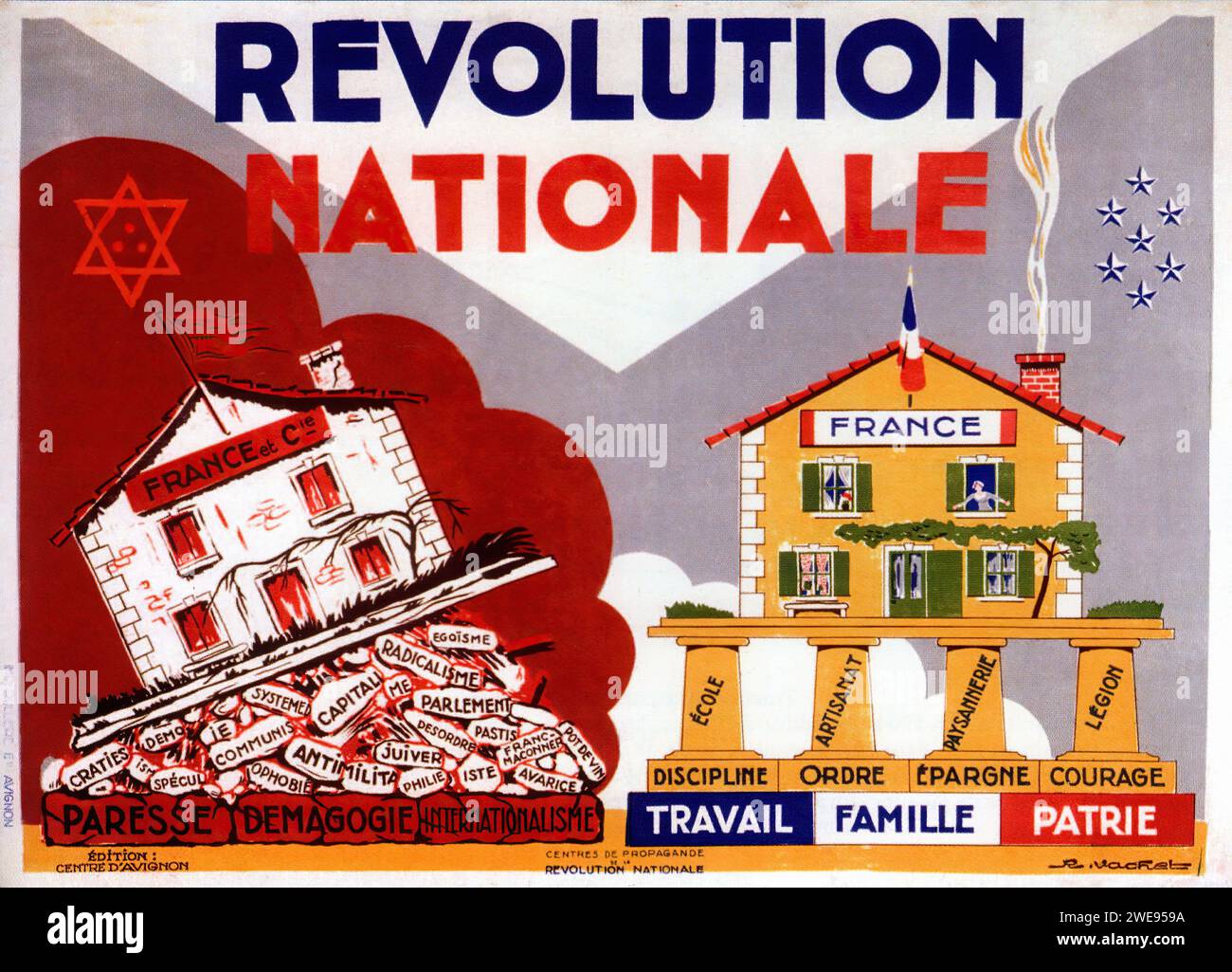 'REVOLUTION NATIONALE' ['NATIONAL REVOLUTION'] Vintage French Advertising contrasting chaotic elements labeled with vices such as 'LAISSEZ-FAIRE,' 'DEBACLE,' 'PARESSE,' with an orderly house labeled with virtues like 'TRAVAIL,' 'FAMILLE,' 'PATRIE.' The style is reminiscent of early 20th-century propaganda with bold lettering and a simple, clear illustration. Stock Photo