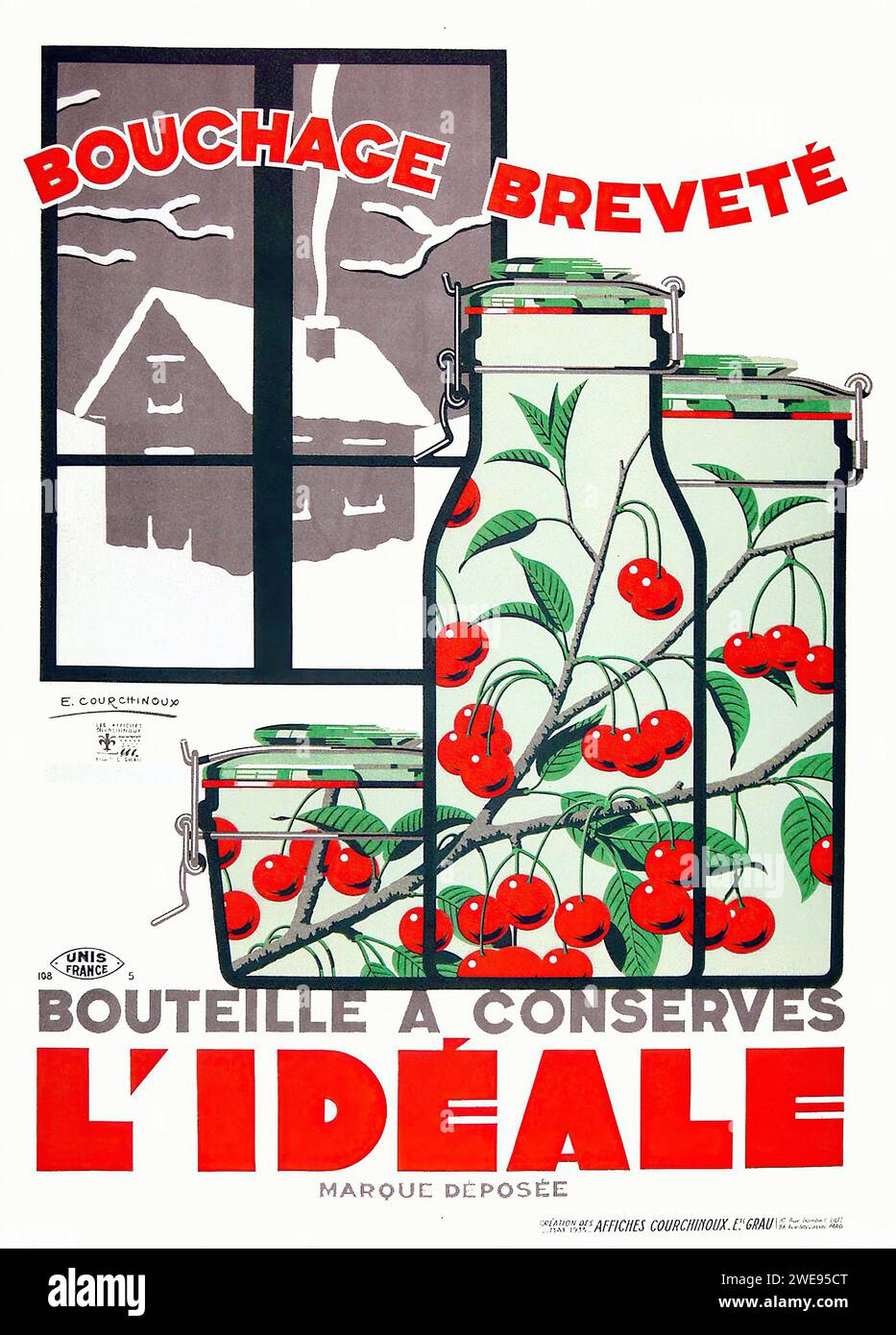 'BOUCHAGE BREVETE L'IDEALE' ['PATENTED CLOSURE THE IDEAL'] Vintage French Advertising illustrating jars of preserved cherries with a patented closure system. The graphic design is straightforward and functional, with a focus on the product's features. The use of red, green, and black creates a striking contrast against the plain background. Stock Photo