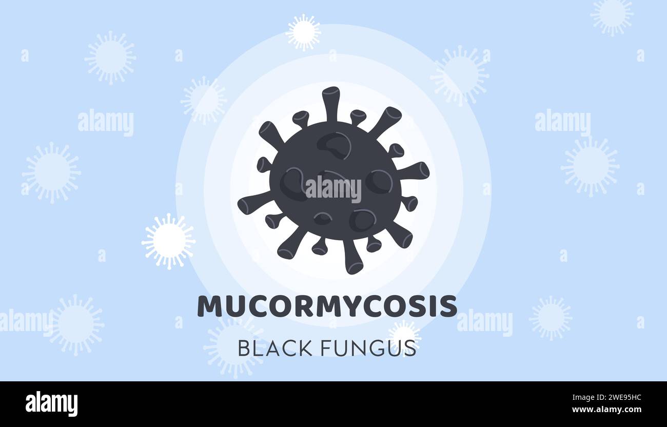 Black Fungus Outbreak. Mucormycosis disease. Horizontal banner with Black Fungi Bacteria on background with India map. Toxic mold stain in microscope Stock Vector