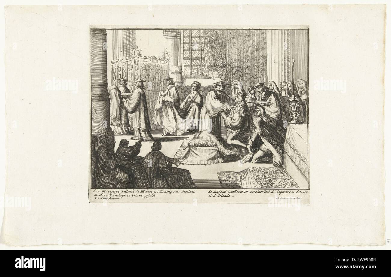 William III is anointed as king of England, 1689, Pieter Pickaert, 1689 print William III is kneeling to the new king of England, 21 April 1689. Part of the 'Engelants Schouwtoneel' series about the Glorious Revolution 1688-1689 (second part). With captions in Dutch and French. Amsterdam paper etching anointing the ruler (during coronation) Westminster Abbey Stock Photo