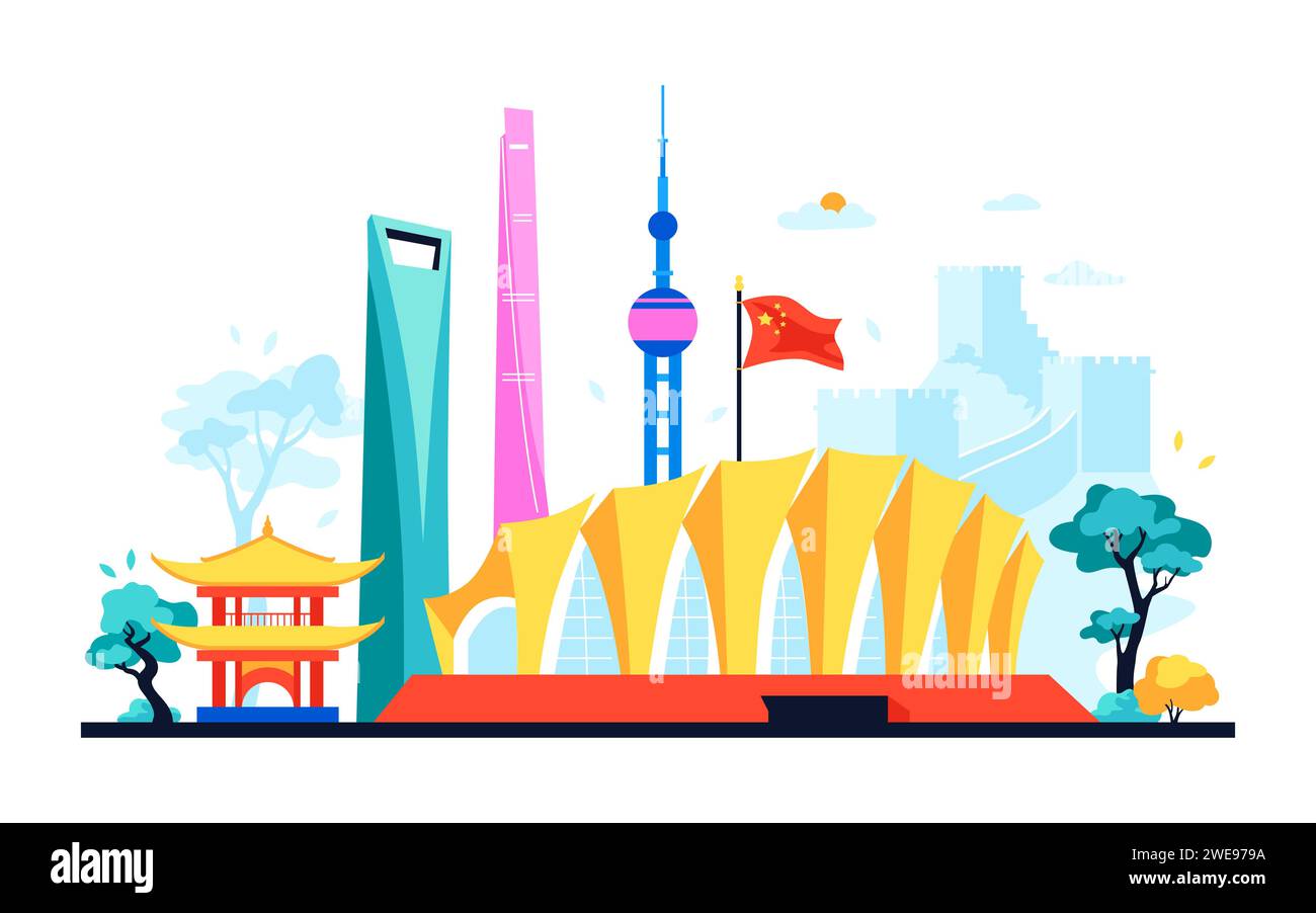 Shanghai public buildings - modern colored vector illustration Stock Vector