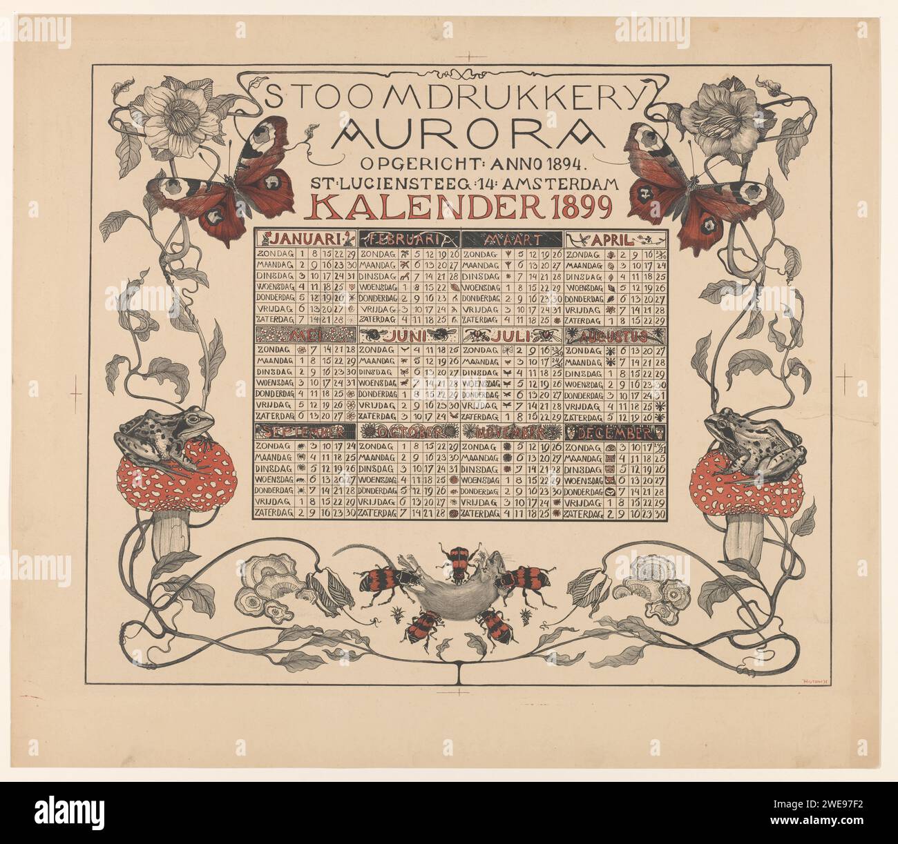 Calendar of the year 1899, with flowers, insects and frogs, Theo van ...