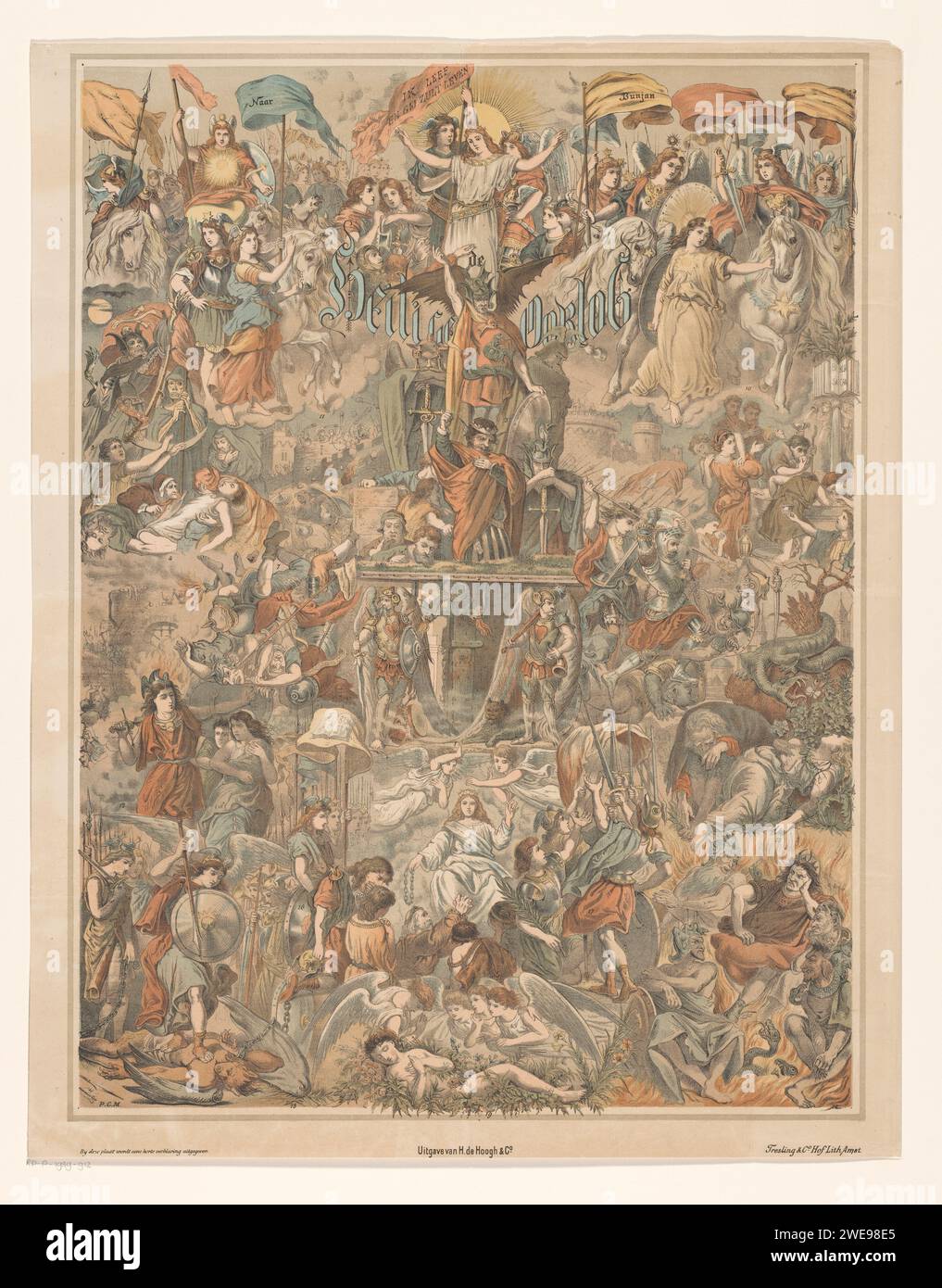 Allegory of a Holy War, Pieter Cornelis Mondriaan (Sr.), 1885 print An allegorical representation of the story The Holy War, led by King El-Shaddai against Diabolus by John Bunyan from 1682. In the middle of a sleeping woman is covered in roses, angels admire and guard her. She symbolizes the city of Menenziel as it was in principle created by King El-Shaddai (God). Above the sleeping woman is the crowned son of the king, Immanuel (Christ). At the top left and in the middle of the top it is shown again. Immanuel was sent to the city by his father to recapture the seducer and occupier Diabolus Stock Photo