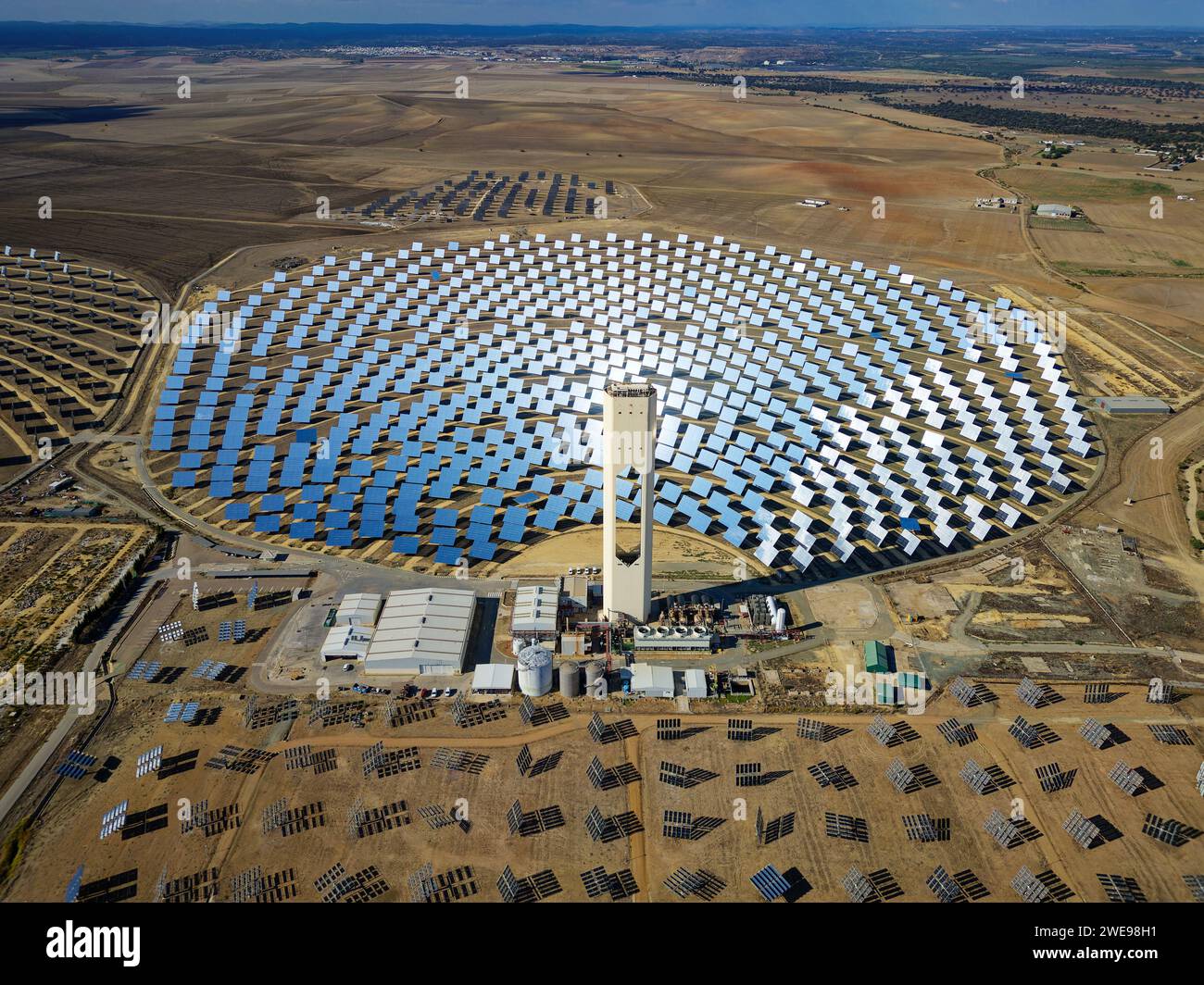 Aerial view of the Solar Power Towers in Seville. Spain's stunning solar energy plant. Concentrated solar power plant. Renewable energy. Green energy. Stock Photo