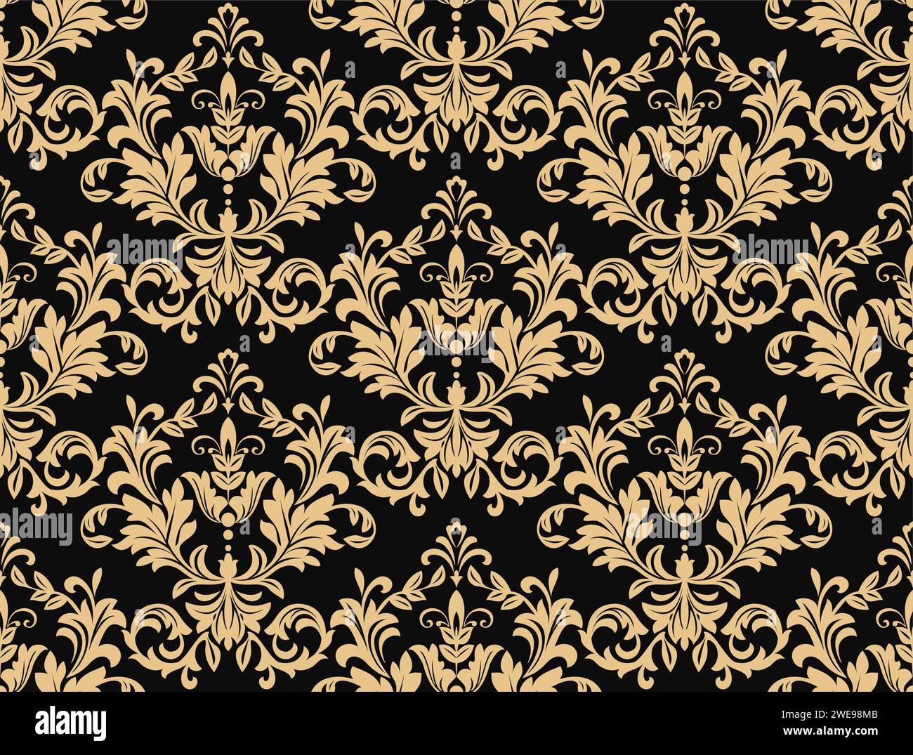 Floral pattern. Wallpaper baroque, damask. Seamless vector background. Black and gold ornament