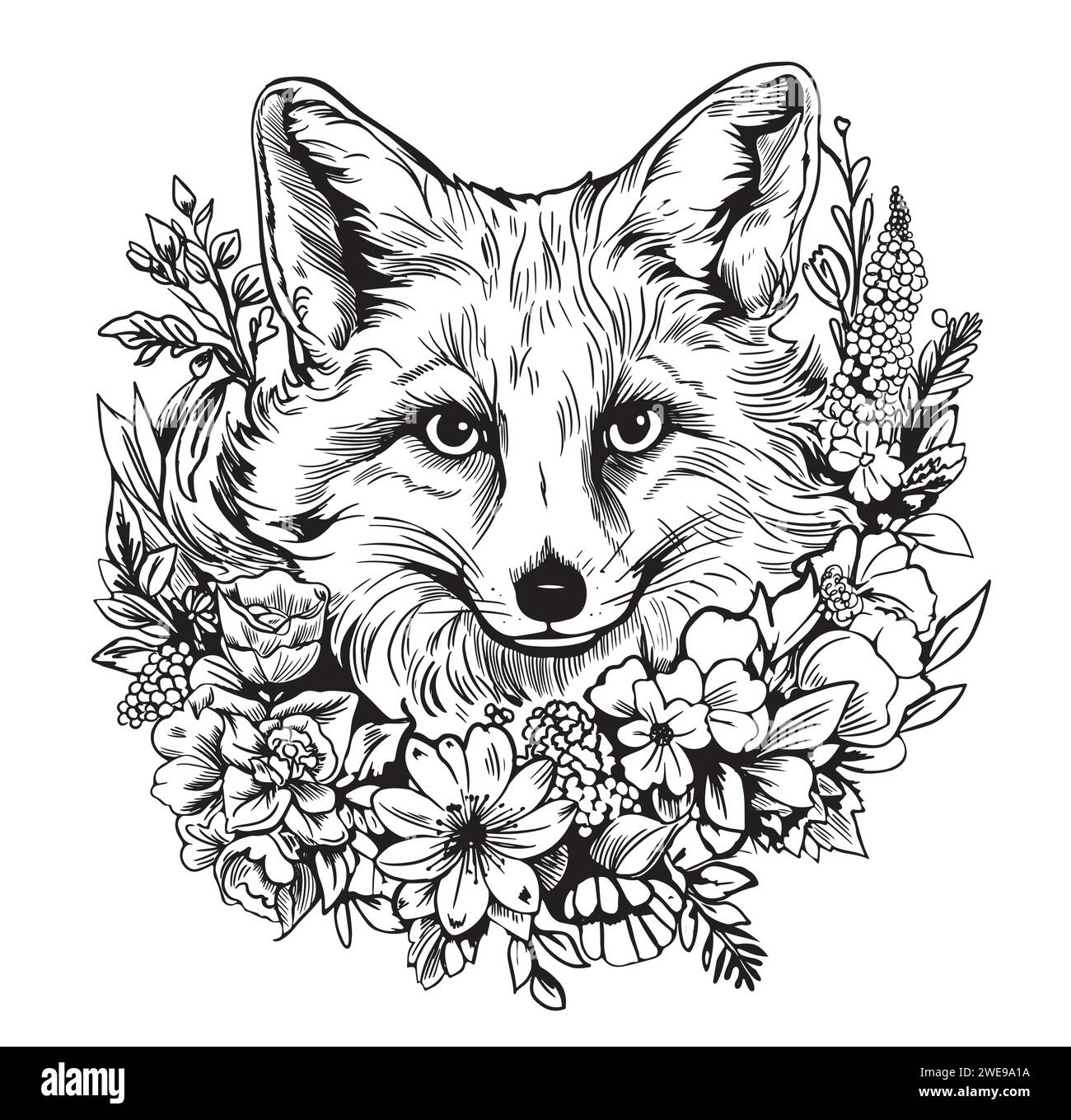 Fox in flowers. Hand-drawn with ethnic floral doodle pattern. Coloring ...