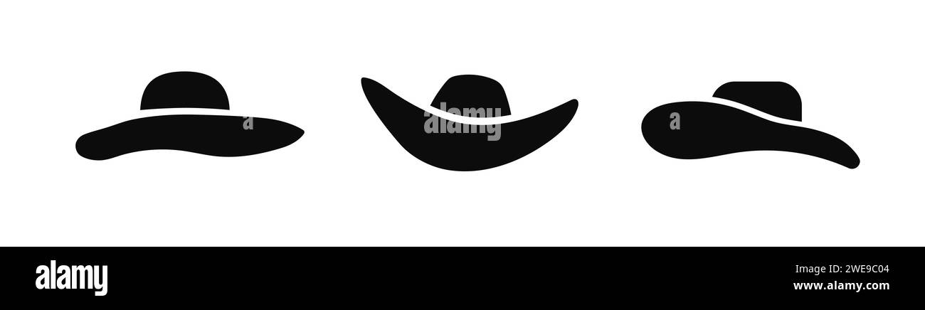 Womens wide brimmed hats icon. Fashionable black headdress for stylish party Stock Vector