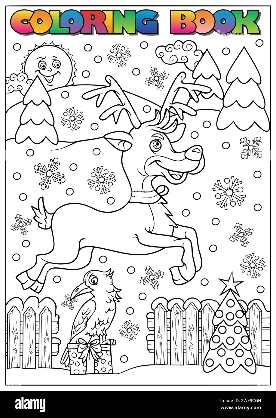 children 39 s winter coloring page - Childrens Winter Coloring Page Reindeer And A Bird In A Snowy Landscape 2WE9CGH 