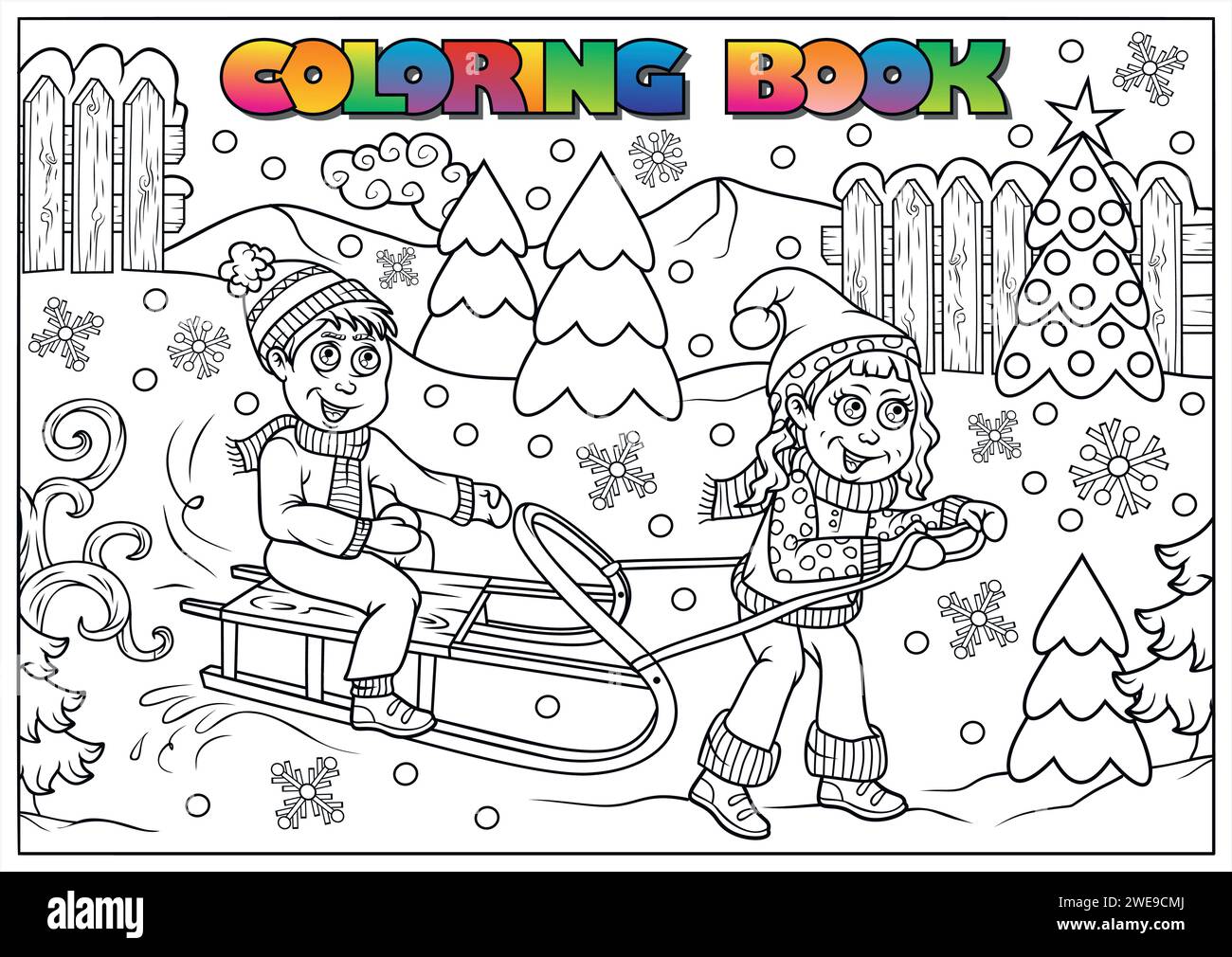 children's winter coloring book - children are sledding Stock Vector