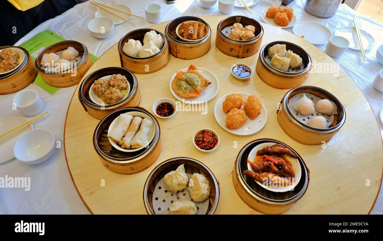A meal set in a Chinese restaurant, consists of various kind of dumplings Stock Photo