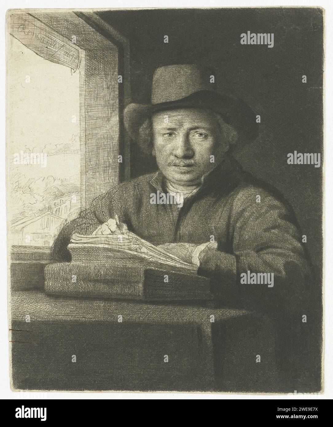 SelfPortrait Etch at A Window, Rembrandt van Rijn, 1648 print paper