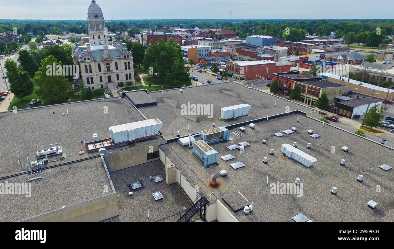 Aerial View of Historic Courthouse and Townscape, Etna Green Stock