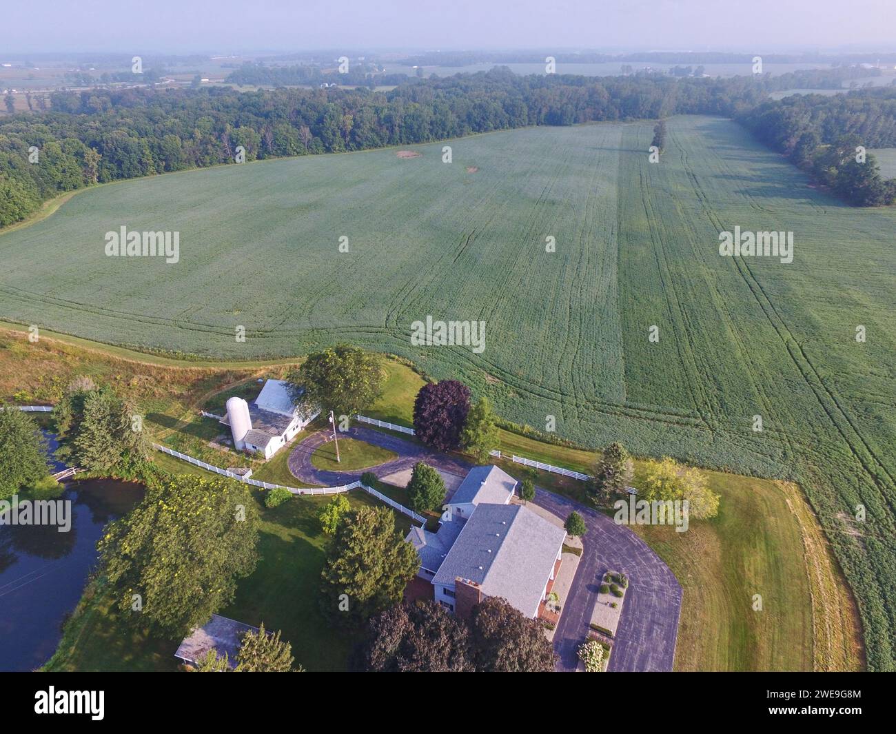 Aerial View of Serene Rural Farmhouse and Fields in Indiana Stock Photo ...