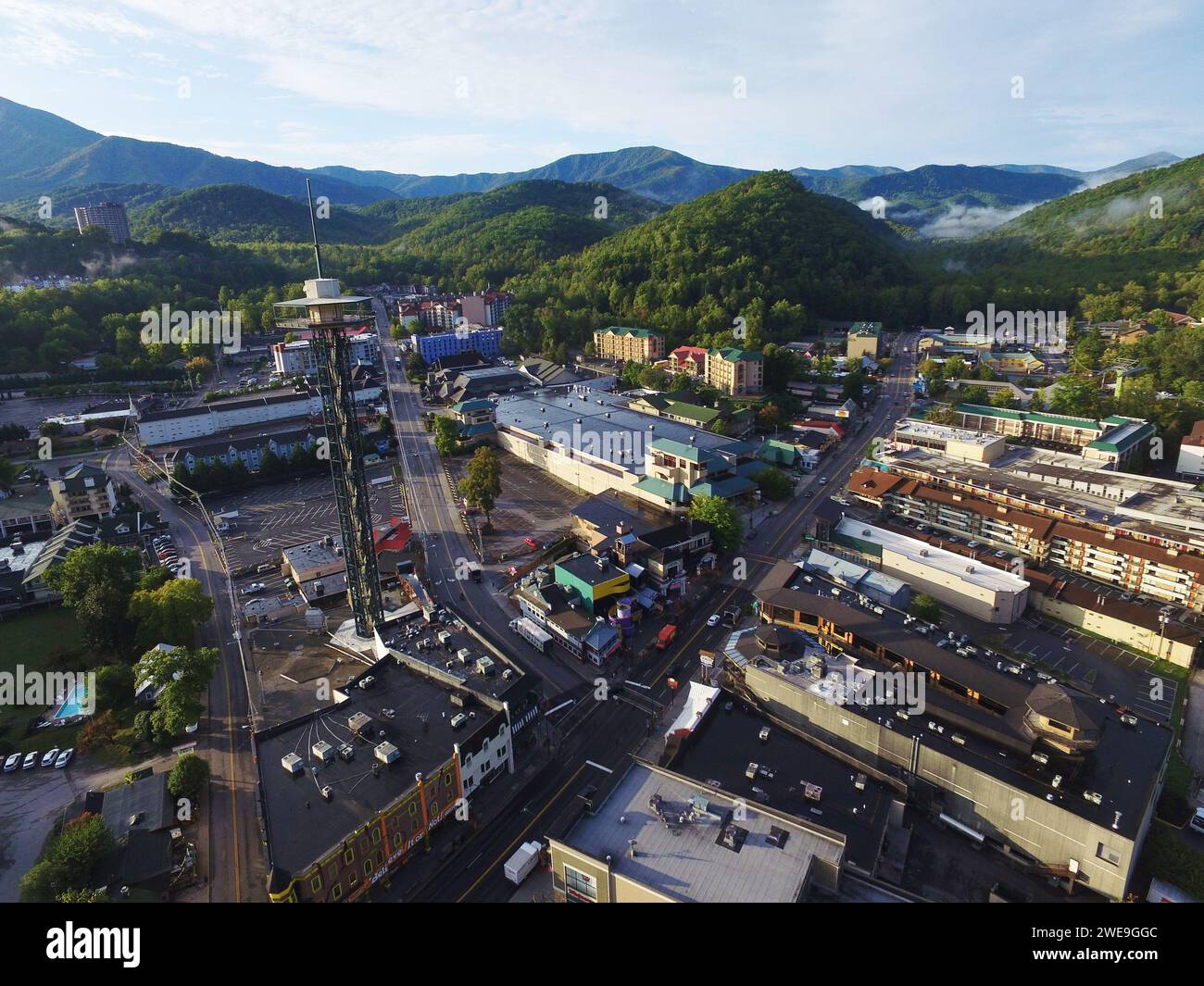 Aerial View of Mountain Town at Dawn - Gatlinburg, Tennessee Stock
