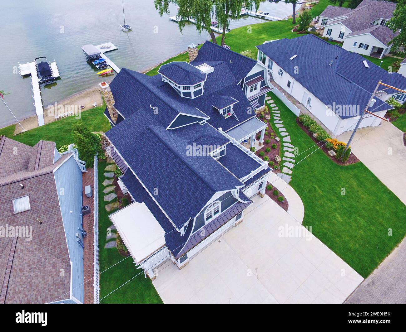 Aerial View of Luxury Waterfront Homes in Suburban Michigan Stock Photo