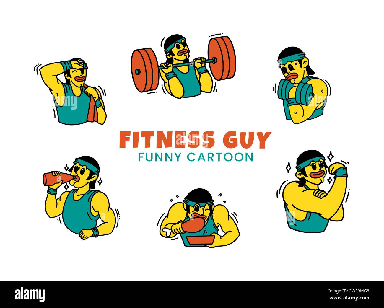 Fitness guy retro vintage cartoon vector set illustration Stock Vector