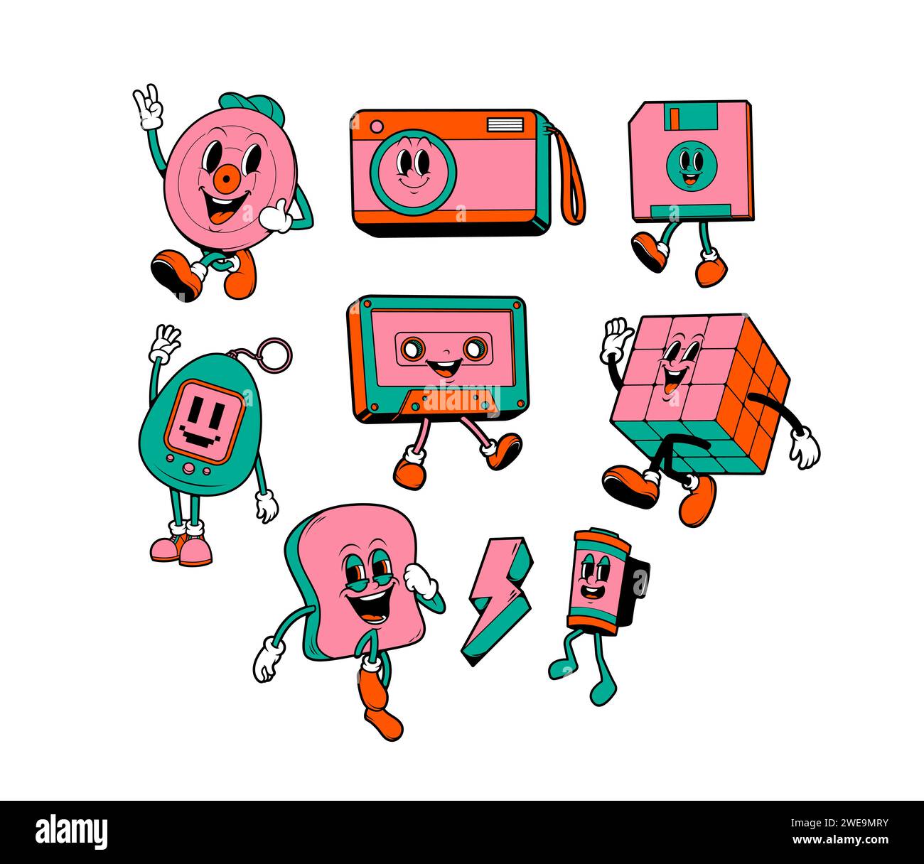 Old fashioned collection of diskette, vintage camera, old floppy disk, film roll and tamagochi mascots in retro cartoon style. Nostalgia for 1990s. Ve Stock Vector