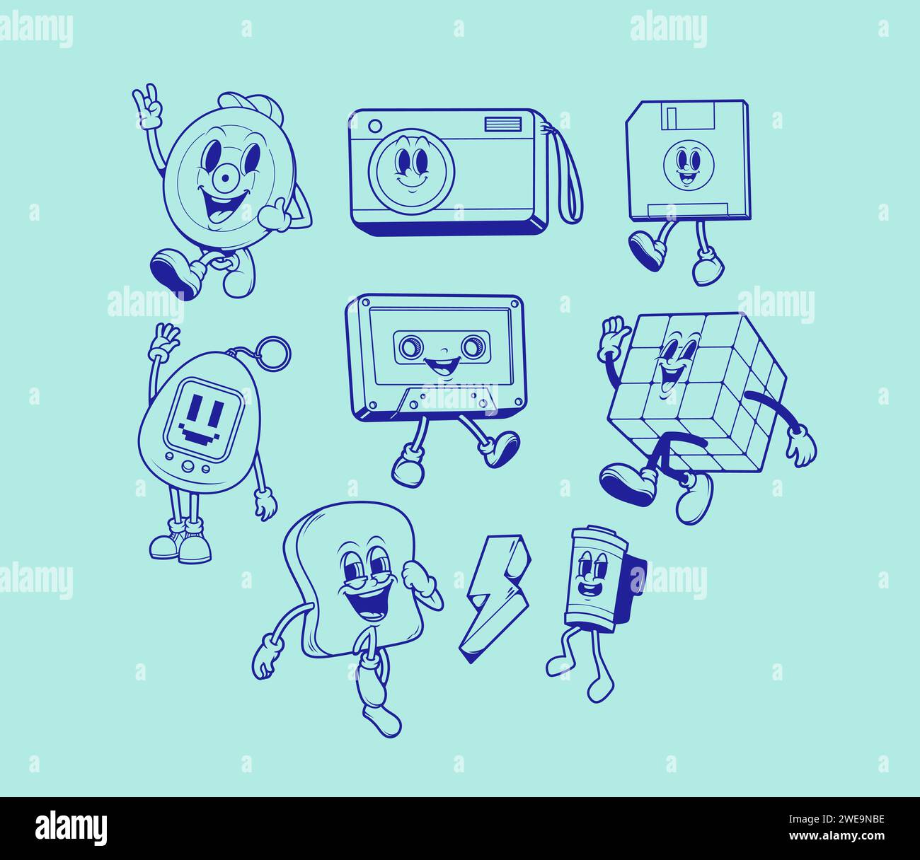 Old fashioned collection of diskette, vintage camera, old floppy disk, film roll and tamagochi mascots in retro cartoon style. Nostalgia for 1990s. Ve Stock Vector