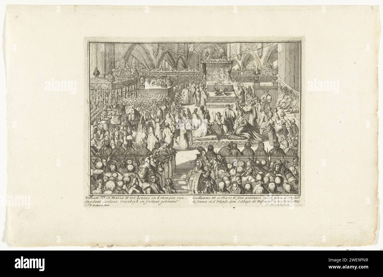 Coronation of Willem III and Maria, 1689, Pieter Pickaert, 1689 print Coronation of Prince William III and Princess Maria Stuart as King and Queen of England, in Westminster Abbey on April 21, 1689. Part of the 'Engelants Schouwtoneel' series about the Glorious Revolution 1688-1689 (second part). With captions in Dutch and French. Amsterdam paper etching during the coronation Westminster Abbey Stock Photo