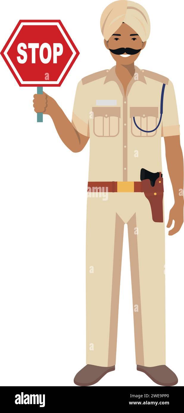 Standing Indian Policeman Officer with Warning Sign Stop in Turban and Traditional Uniform Character Icon in Flat Style. Vector Illustration. Stock Vector