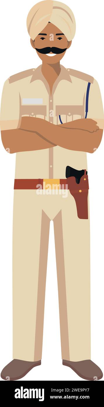 Standing Indian Policeman Officer in Turban and Traditional Uniform Character Icon in Flat Style. Vector Illustration. Stock Vector