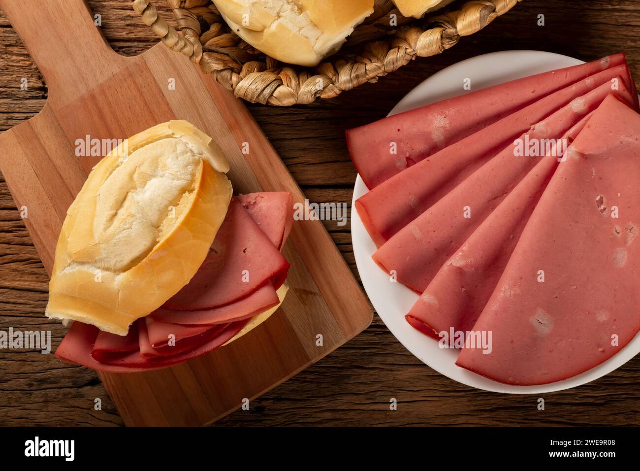 Mortadella bread sandwich. Mortadella sandwich typical of Brazil Stock