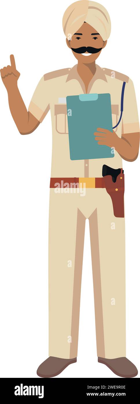Standing Indian Policeman Officer in Turban and Traditional Uniform Character Icon in Flat Style. Vector Illustration. Stock Vector