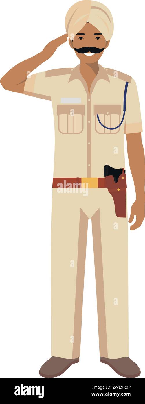 Standing Indian Policeman Officer in Turban and Traditional Uniform Character Icon in Flat Style. Vector Illustration. Stock Vector