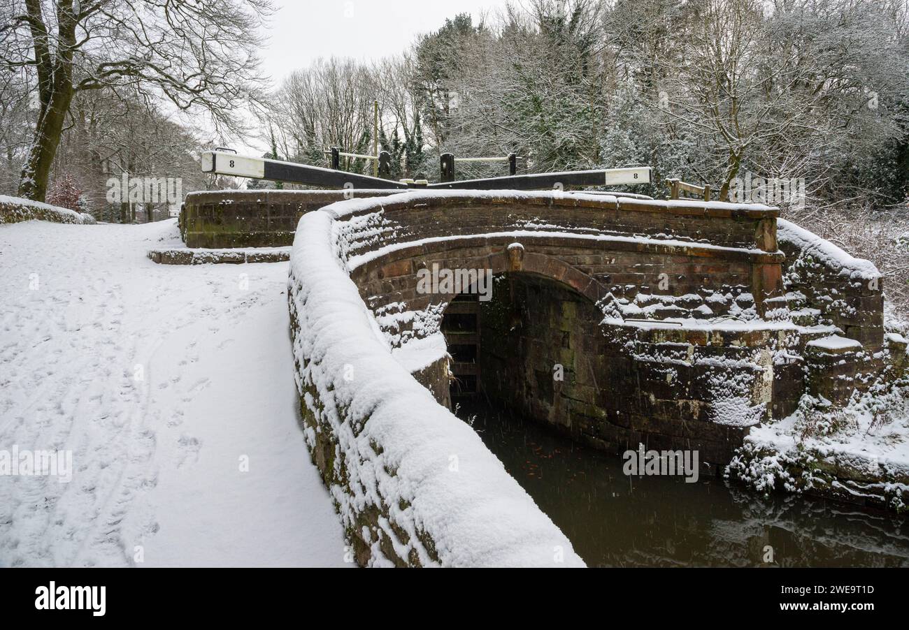 Marple Lock flight on the Peak Forest Canal in winter, Stockport, Greater Manchester, England. Stock Photo