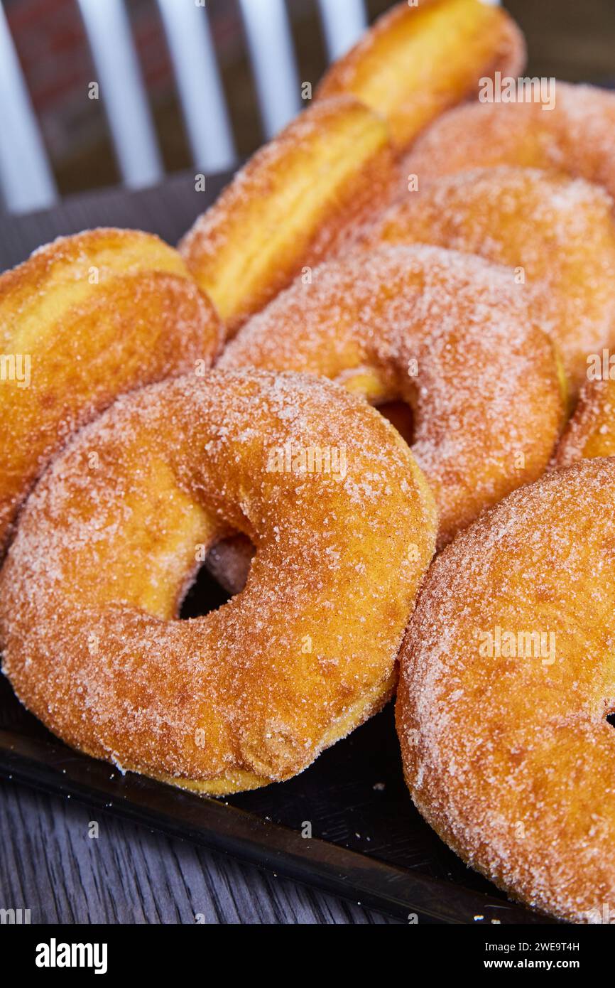 Freshly Baked Sugar-Coated Donuts Close-Up Perspective Stock Photo