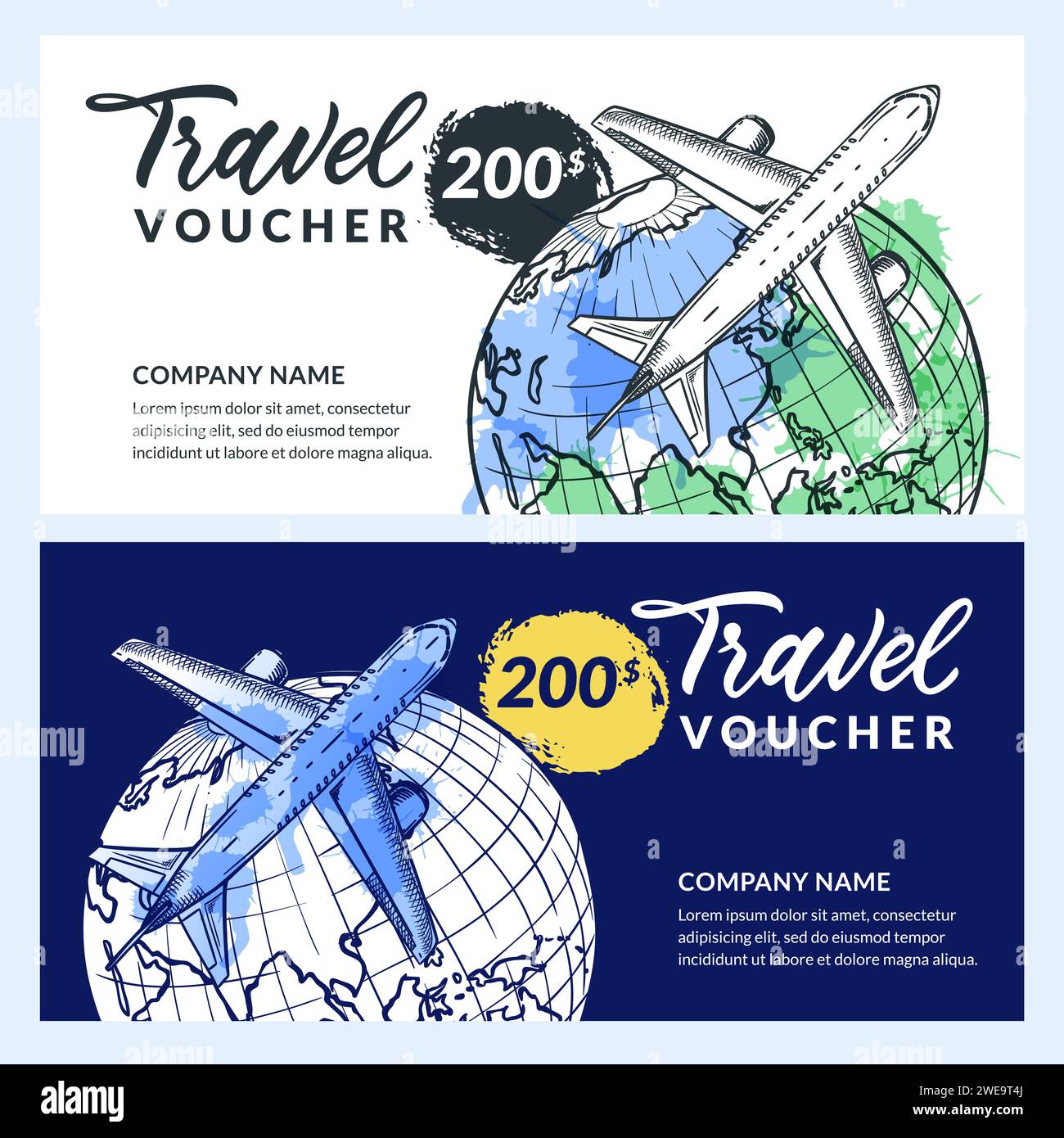 Travel voucher, certificate, gift card design template. Vector hand drawn sketch watercolor illustration of Earth planet and flying airplane. Vacation Stock Vector